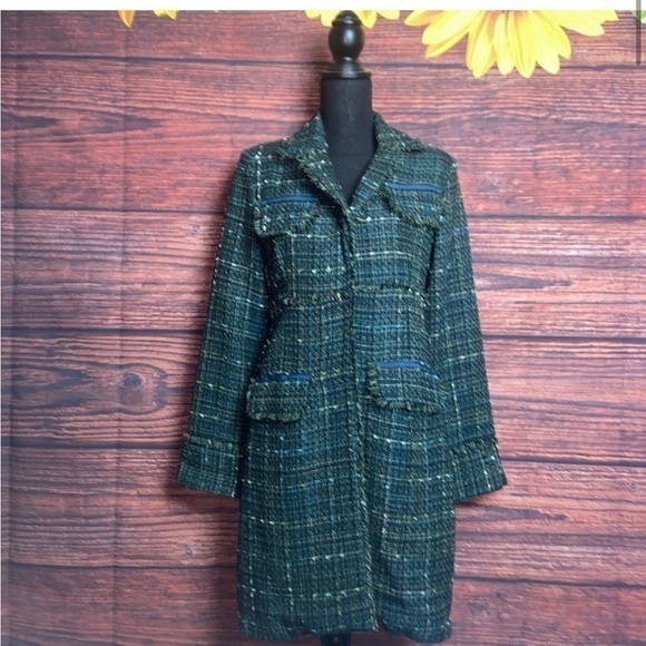True Meaning Tweed Fringe Lined Open Front 8 olive green - Picture 1 of 1